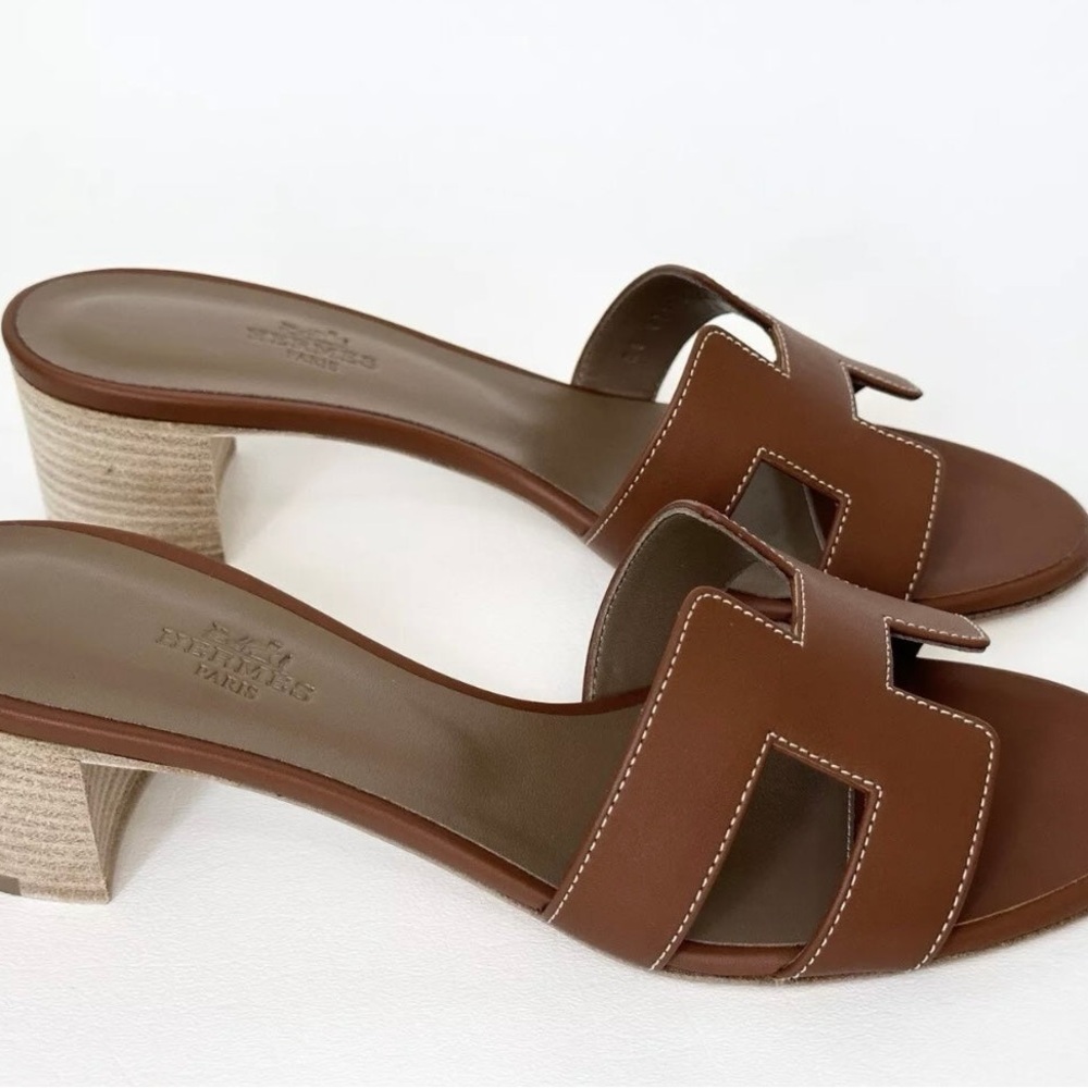 HERMES H OASIS SANDALS IN GOLD BROWN LEATHER SHOES MULES SLIDES HEELS 38 - Picture 14 of 15